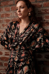 Front Ruched Batwing Sleeve Dress-Printed